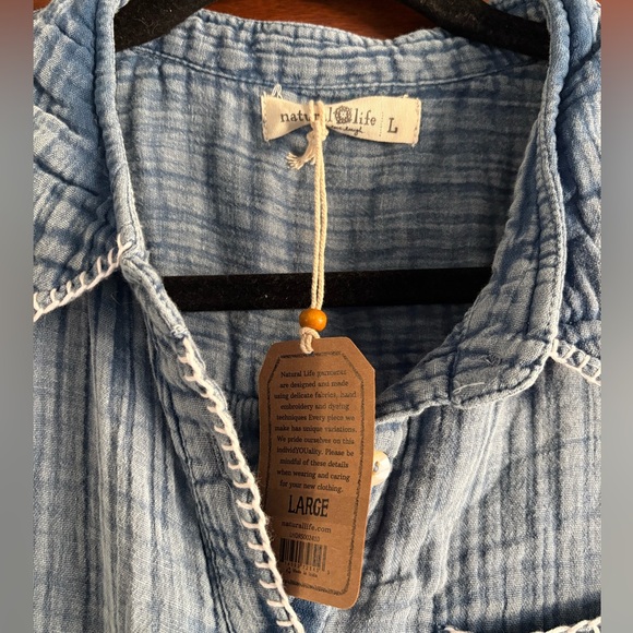 NATURAL LIFE Denim Blue Cotton Gauzy Shirtdress Tunic NWT Long Rollable Sleeves - Picture 3 of 12